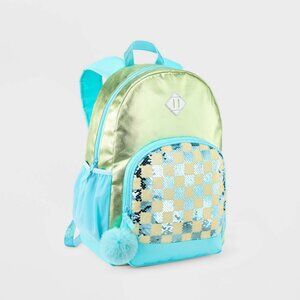 Girl's Cat & Jack 16.5" Sequin Checked Backpack - Lime & Light Blue - OS - NWT